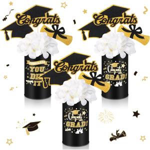 Domensi 3 Sets Graduation Table Centerpiece Decorations Class of 2025 Includes 3 Silk Artificial Flower 9 Congrats Grad Sticks Picks Toppers 3 Metal Vases for Home Party Supplies Gifts(Black)