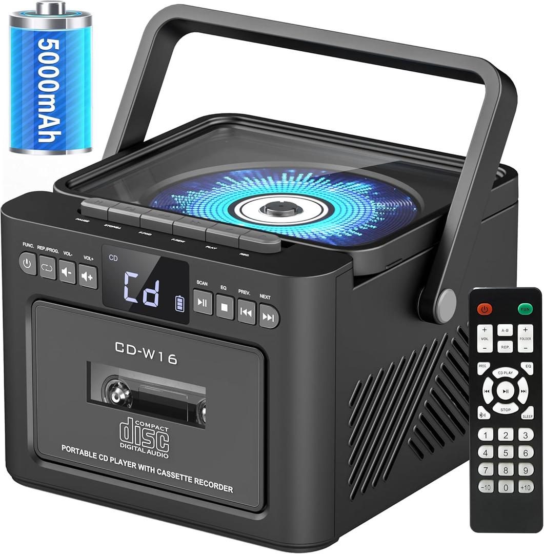 Boombox Cassette CD Player Bluetooth5.1 with 5000mAh Battery, 5W Dual Stereo Speakers, Rechargeable CD Player with FM Radio, Remote Control, Tape Recording,3.5mm Earphone Jack, AUX/Micro SD/USB for Home (Black)