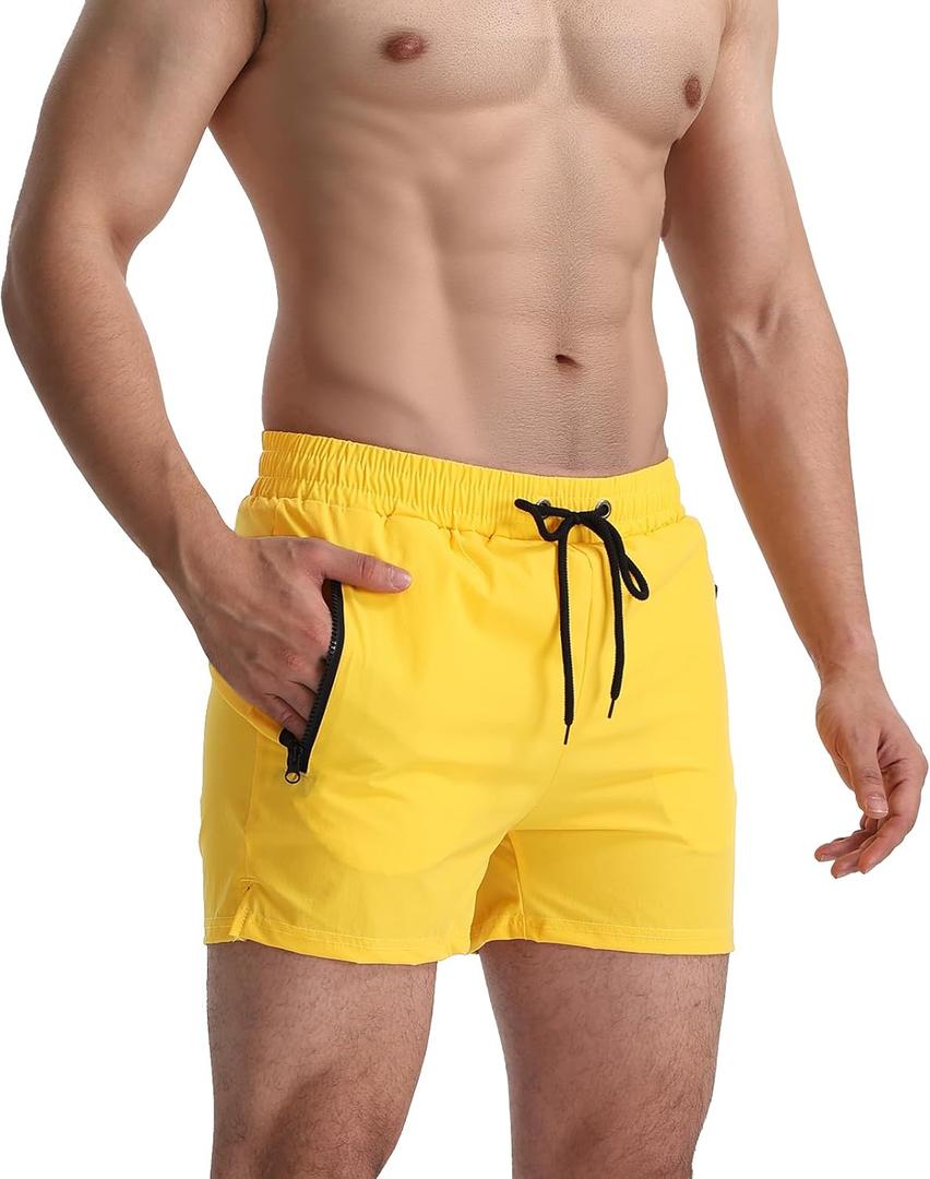 XS-2XL Mens Swimming Trunks with Mesh Lining 5" Quick-Dry Swim Shorts with Zipper Pockets (Yellow, S)