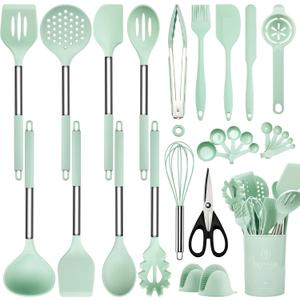 Kitchen Utensils Set, 28 Pcs Silicone Cooking Utensils Set with Holder, Spatula Set, Silicone Whisk, Measuring Cups and Spoons Set with Stainless Steel Handle Kitchen Gadgets (Light Green)