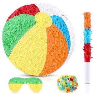 Small Beach Ball Piata 13.4 Inch Summer Piata Beach Ball Pool Party Decoration Mexican Party Birthday Rainbow Balls with Stick, Blindfold and Confetti Set for Kids Boys Girls
