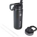 ThermoFlask Bottle with Chug Lid & Straw Lid - Insulated Stainless Steel Water Bottle with Leak-Proof Lids - Dishwasher-Safe Reusable Bottle & Lids - Durable Bottle, 2 Straws & 2 Lids - 18 oz, Black