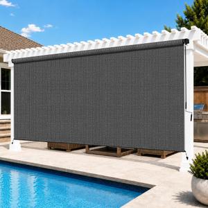 11'W x 8'H Gray Outdoor Roller Shade with Crank Wand Patio Shades Roll up, UV Blocking & Privacy Protection, 132"W x 96"H