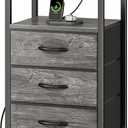 Huuger Nightstand with Charging Station, 27.6 Inch End Table Bedside Table with USB Ports and Outlets, Night Stand for Bedroom, Fabric Drawers, Grey