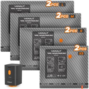 Travel Vacuum Storage Bags with Wireless Rechargeable Electric Pump, 8 Pack Travel Essentials Vacuum Seal Bags for Clothing, Space Saver Compression Packing Bags for Luggage, Suitcase, Backpack, Home (Combo, Black)