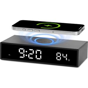 Digital LED Alarm Clock with Wireless Charging, 15W Fast Wireless Charger for Smart Phone for iPhone/Samsung, NightTime Mode Adjustable Brightness Snooze, Clock for Bedroom, Living Room, Office, Black