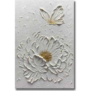 Boiee Art,24x36Inch Hand Painted Creamy Textured Wall Art Elegant Floral Wall Decor Art Minimalist Butterfly Artwork White and Gold Flower Oil Painting for Home Office