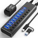 10-Port Powered USB Hub 3.2 10Gbps USB-A 3.2 + 2 USB-C 3.2 + 7 USB 3.0 Ports with Individual Switches & 12V Adapter for Laptop, MacBook, PC, Gaming