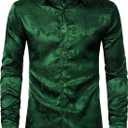 ZEROYAA Men's Shiny Satin Rose Floral Jacquard Long Sleeve Button Up Dress Shirts for Party Prom XX-Large, Zlcl26-emerald