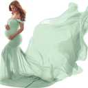 Women Maternity Dress for Photography Mermaid Off Shoulder Slim Fitted Chiffon Gown Flowy Baby Shower Maxi Photo Props Dress (Green, One Size)