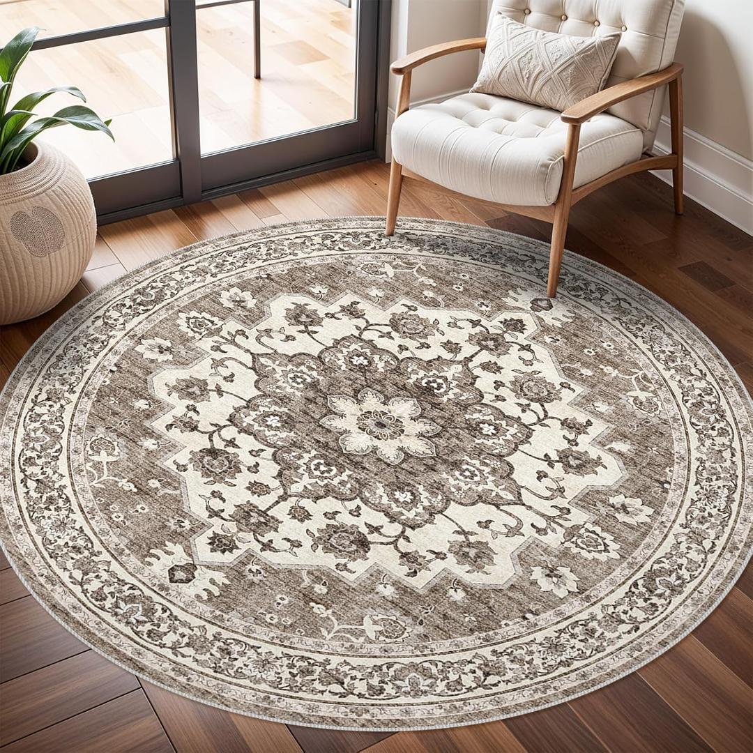 Washable Oriental Area Rug - 6ft Round Rugs for Living Room Soft Carpet for Bedroom Waterproof Floral Distressed Indoor Stain Resistant Non-Shedding Floor Carpets (Beige, 6ft-Round)