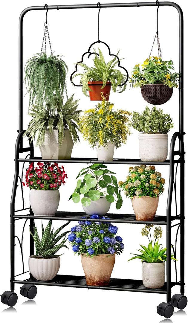 Plant Stand, 3 Tier Moveable Tall Corner Hanging Plant Rack for Indoor Outdoor, Black Heavy Duty Metal Multiple Plant Shelf Holder for Garden Balcony Living Room