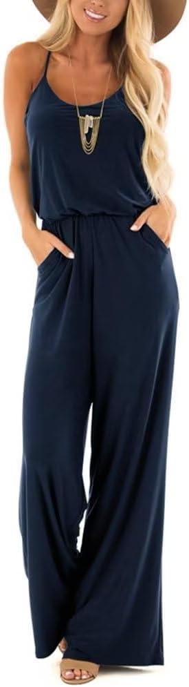 Lacozy Womens Casual Loose Sleeveless Spaghetti Strap Wide Leg Pants Jumpsuit Rompers (Blue, S)