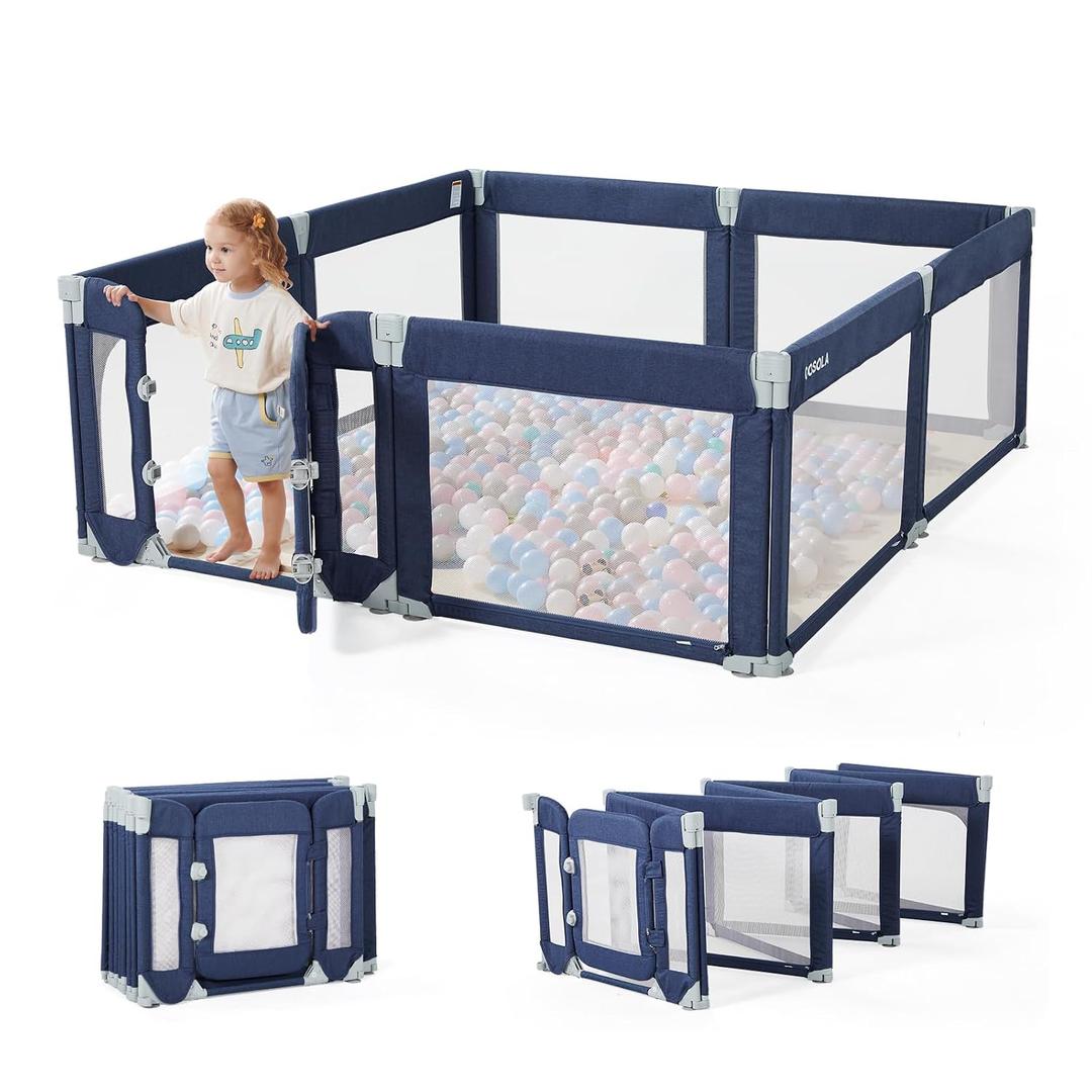 Cosola Large Baby Playpen for Babies and Toddlers, 79 x 71 Inch Foldable Play Yard with Breathable Mesh, Zipper Door, Anti-Fall Design, Indoor & Outdoor Baby Fence for Twins,Blue
