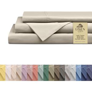 Linen Home 100% Cotton Percale Sheets King Size, Light Taupe, Deep Pocket, 4 Pieces Set - 1 Flat, 1 Deep Pocket Fitted Sheet and 2 Pillowcases, Crisp Cool and Strong Bed Linen
