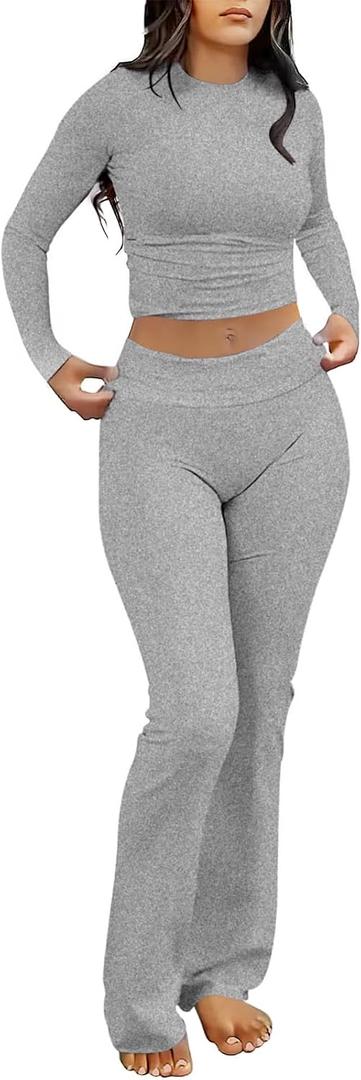 kaimimei Women's 2 Piece Lounge Outfits Slim Long Sleeve Tops High Waist Foldover Flare Leggings Sets Casual Yoga Sweatsuit (Gray, M)