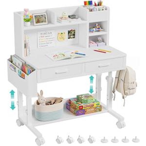 WINAZ White Kids Desk with Hutch, Height Adjustable 32" Small Study Table, 31.5"