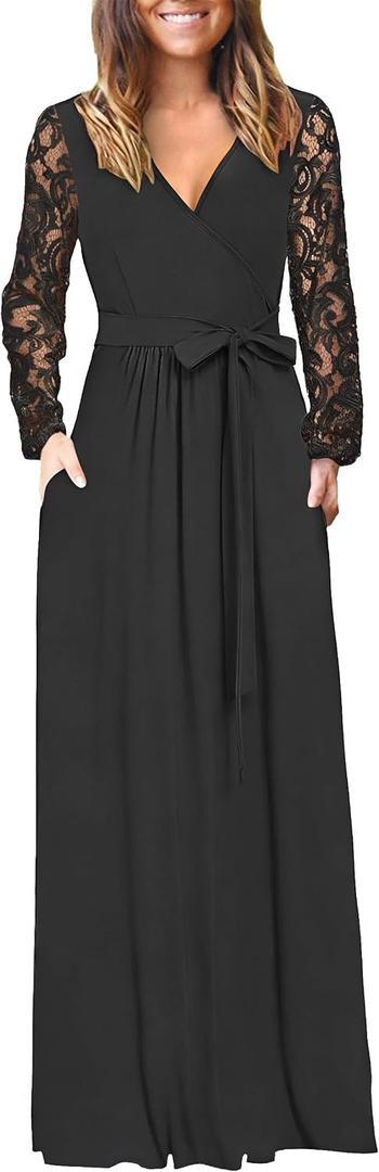 AUSELILY Women's Lace Dress Long Sleeve Maxi 2025 Fall V Neck Wrap Waist Formal Party Long Dresses with Pockets (XXXL)