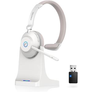 Wireless Headset with Mic for Work, Bluetooth Headset Mic Mute & USB Dongle, 45H+ Wireless Headphones with Microphone Noise Canceling & Charging Dock for Work/Office/PC/Meeting/MS Teams (White Brown)