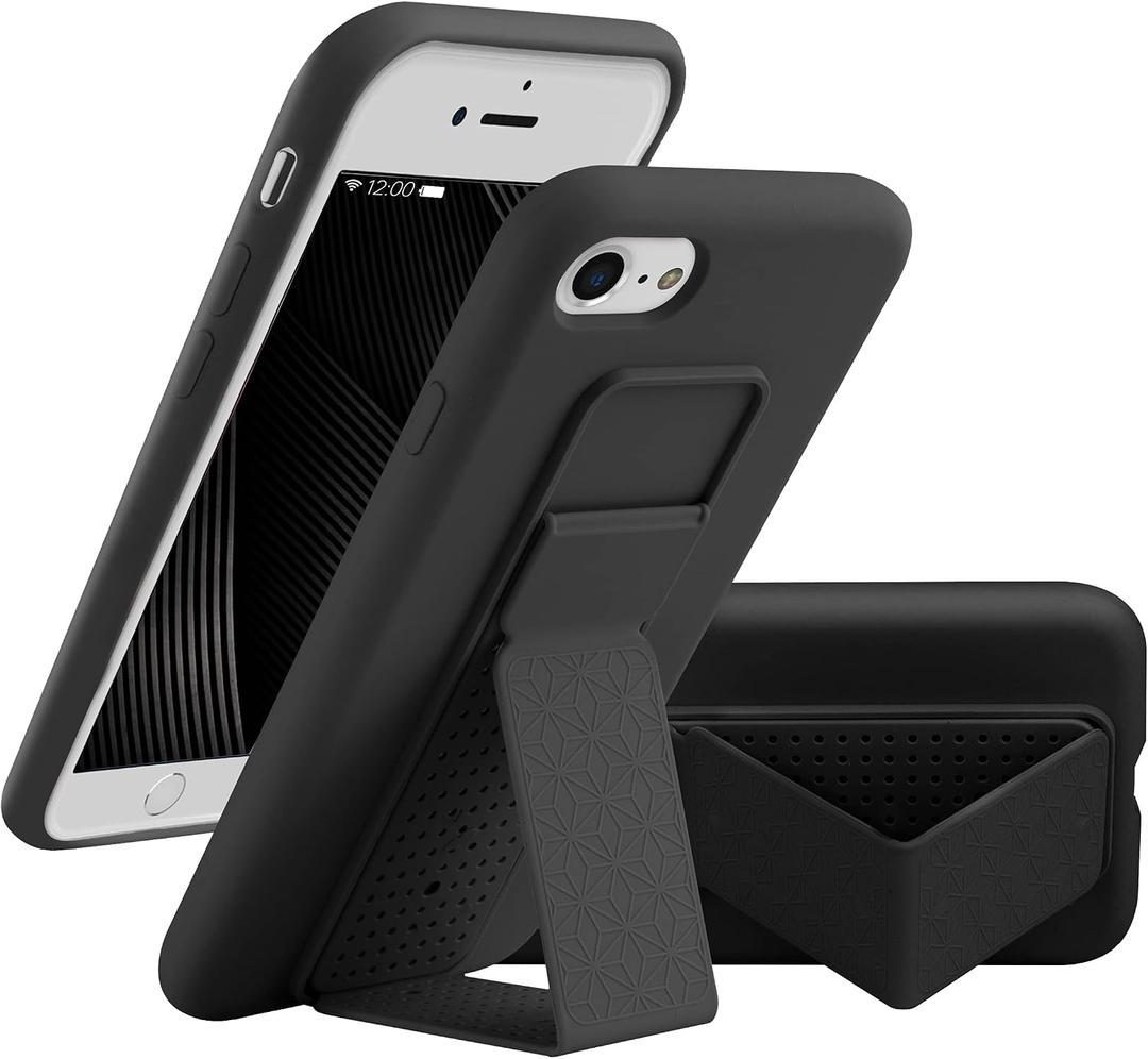 LAUDTEC Silicone Kickstand Case Compatible with iPhone 7/8/SE, Vertical and Horizontal Stand Hand Strap Metal Kickstand Cover, Flexible Soft Liquid Silicone Stand Case for iPhone 7/8/SE (Black)