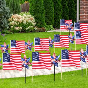 Mindsoft 24 Pack 4th of July Decorations Outdoor Patriotic Memorial Day Pinwheels and American Flags on Stick with Stake Red White and Blue Decor for Independence Day 250th Anniversary Parade Party
