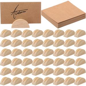 Maitys 48 Pcs Wooden Table Number Stands Wedding Table Name Holder Semicircular Design Place Card Holders with 48 Pcs Tented Cards for Retail Shop Wedding Party Events Decoration(Burlywood)