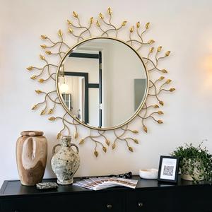 Chende 39" x 39" Gold Decorative Wall Mirror, Large Round Mirror with Metal Leaves, Gold Frame for Living Room, Entrance, Dining Room, Bedroom