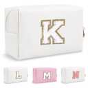 Personalized Small Travel Preppy Makeup Bag,Chenille Letter White Initial Cosmetic Pouch Travel Toiletry Organizer, Waterproof PU Leather Makeup Storage Birthday Gift for Women Best Friends(Letter K)2 Bag