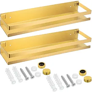 Lallisa 2 Pieces Stainless Steel Shelf Bathroom Shower Floating Shelves Wall Mounted Shower Caddy Basket Shelf Storage Organizer Shelves for Bathroom, Kitchen, Living Room (15.75 Inch/ 40 cm,Gold)