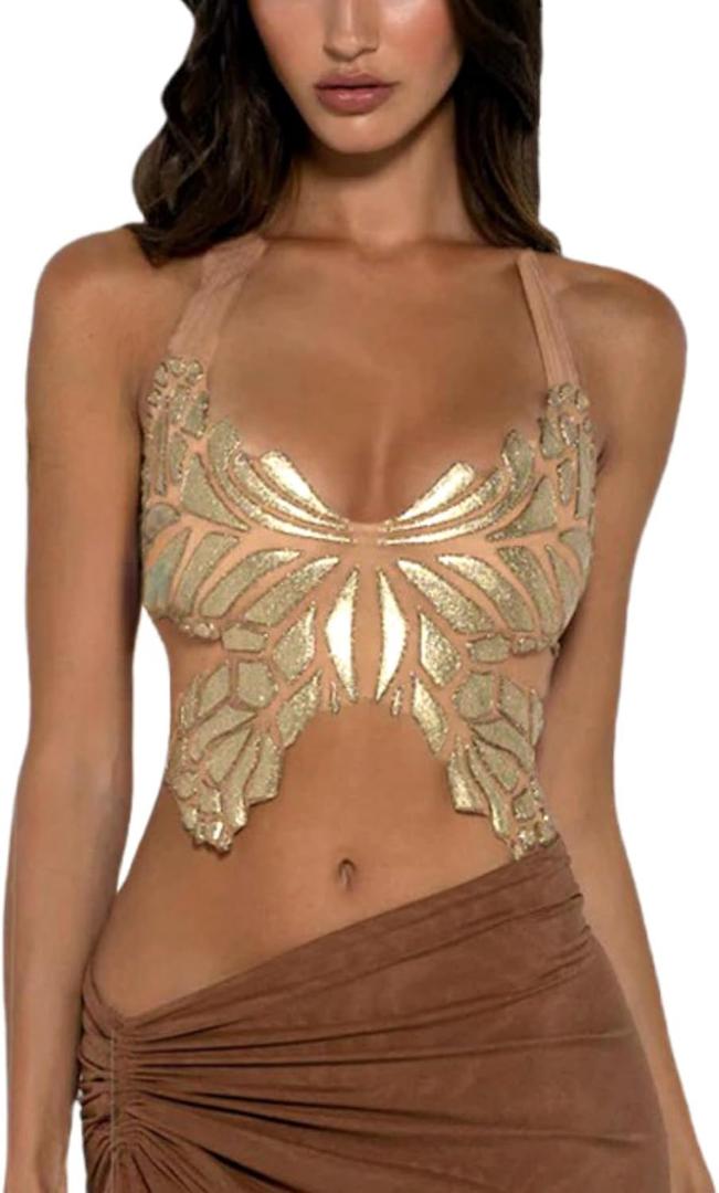 JUMISEE Women Sparkly Rhinestone Butterfly Crop Top Sexy Satin V Neck Bakless Lace Up Cami Tank Top for Rave Festival, One Size