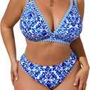 Verdusa Women's Plus Size Floral High Waisted Bikini Sets Double Strap Swimsuit (3X-Large Plus, Blue)