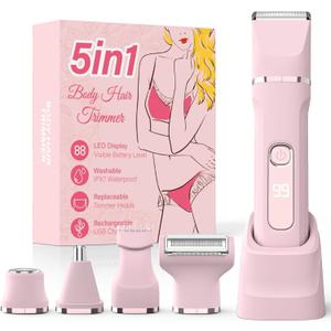 Bikini Trimmer for Women,5-in-1 Electric Razors for Women,Electric Shaver for Women's,IPX7 Waterproof Trimmer for Men Legs,with 5 Replaceable Blade Heads,USB Recharge DockPink