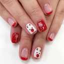 Christmas Short Square Fake Acrylic Nails with Red French Tip, Snowflake Designs, and Winter Xmas Nail Art for Women and Girls (Style 2)