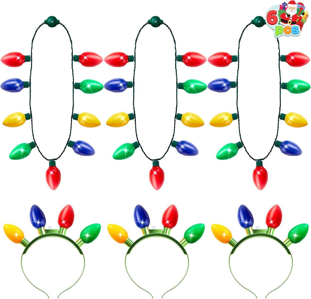 JOYIN 6 Pcs Christmas Light Up Headband and Necklace with 6 Flashing Modes, LED Christmas Bulb Lights Necklace Headband for Women Men Xmas Party Supplies Accessories