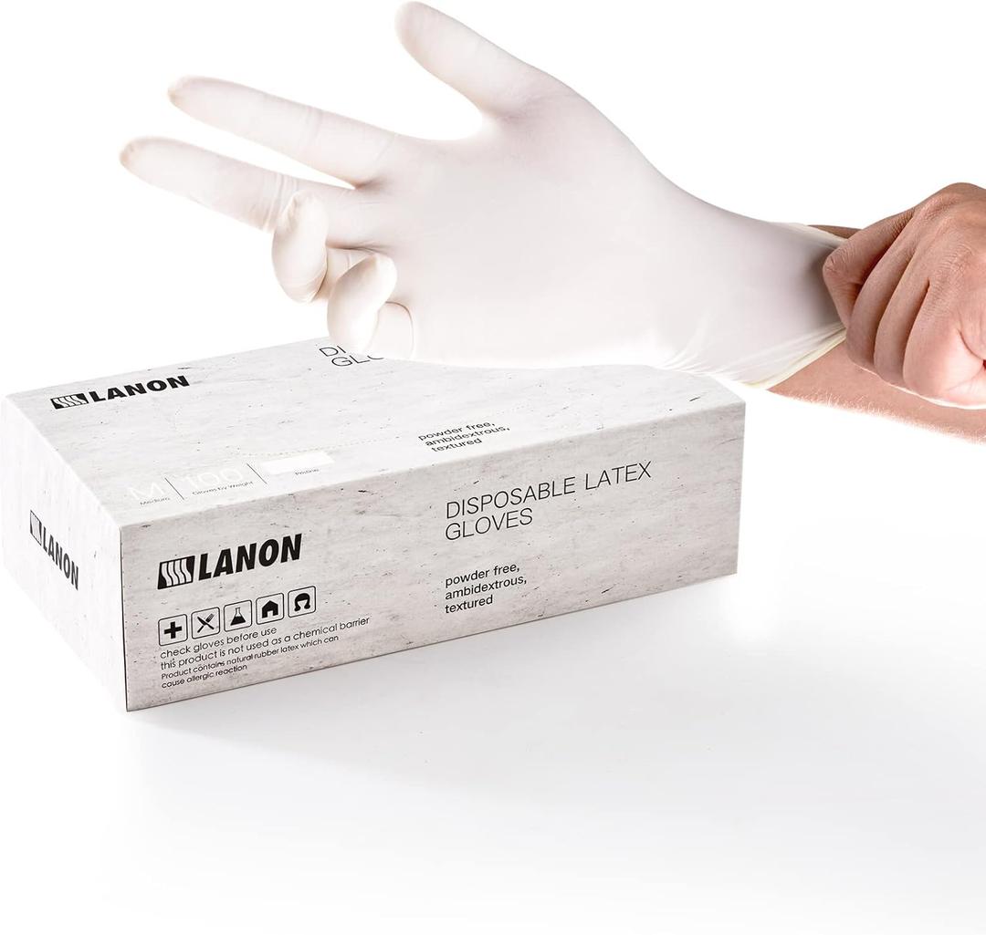 LANON 5 mil Latex Disposable Gloves, Food-Contact Grade, Powder-Free, Fully Textured, White, Small (Small (Pack of 100))
