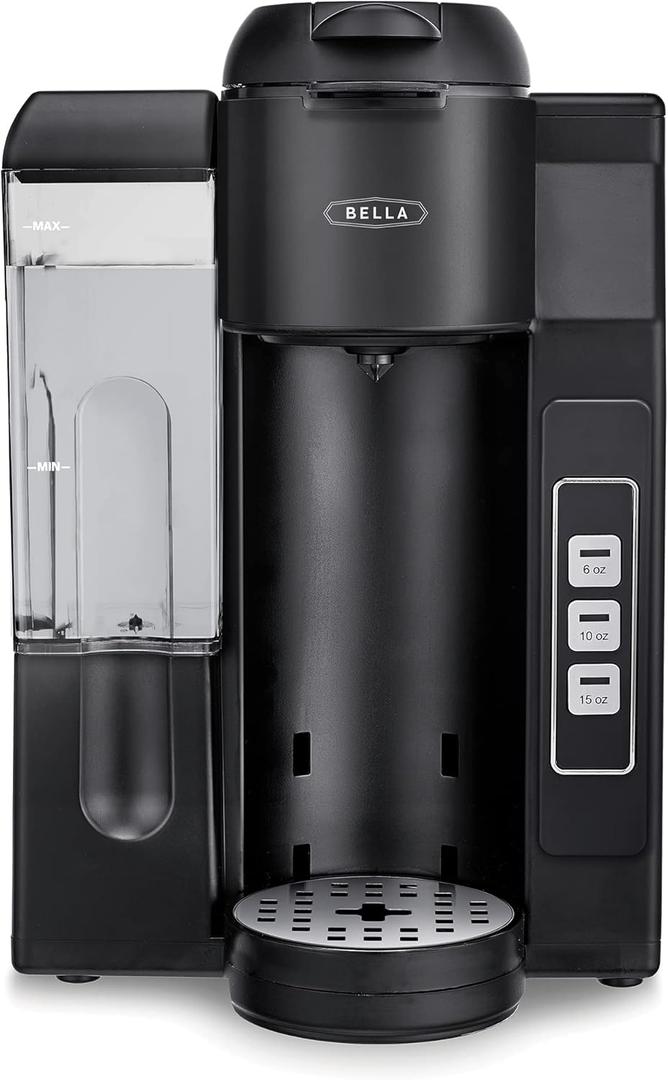 BELLA Single Serve Coffee Maker, Dual Brew K-Cup Pod or Ground Coffee Brewer, Adjustable Drip Tray for Personal Travel Mugs, Large Removable Water Tank, Black