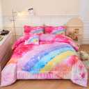 ANGIYUIN Rainbow Twin Size Comforter Set for Girls, 6 Pieces Sparkle Tie Dye Pink Girls Bedding Comforter Sets, Galaxy Kids Bed Sets, Gradient Glitter Soft Bed in A Bag wit Sheets