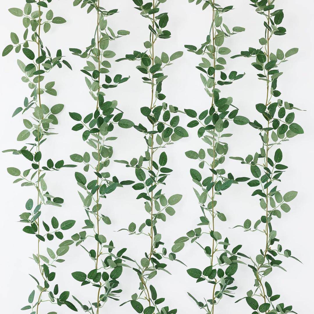 mizii 5 Packs 340" Artificial Vines Garland Fake Vine with Small Green Leaves Silk Rose Leaf Faux Hanging Plants Greenery Decoration for Outdoors Indoor Table Centerpieces Wedding Decor (Rose Leaves)