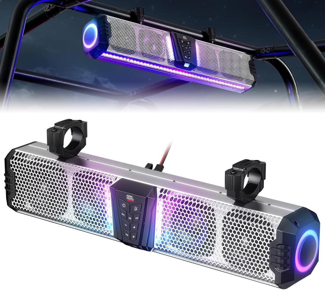 KEMIMOTO Midnight S60 26-inch UTV Sound Bar Waterproof IP66, 65Hz Deep Bass, Metal-Built, Synced Multicolor Lights, UTV Bluetooth Soundbar for UTV ATV Golf Cart Marine Boat fits 1"-2" Roll Bar