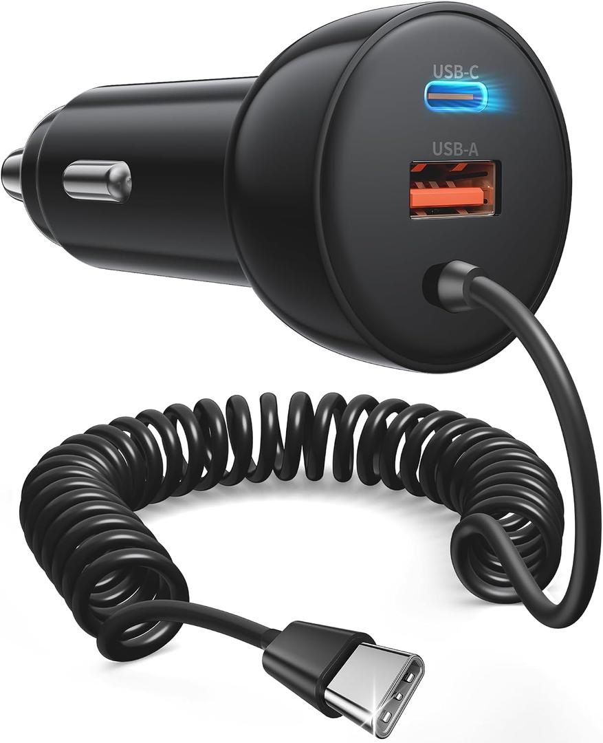 iPhone 17e 17 16 15 Pro Max Car Charger Fast Charging, 3-Port 90W Fast USB C Car Charger Adapter Cigarette Lighter with 4FT Coiled USB C Cable for iPhone 17e/17/17 Pro Max/Air/16/15 Pro/Plus, iPad
