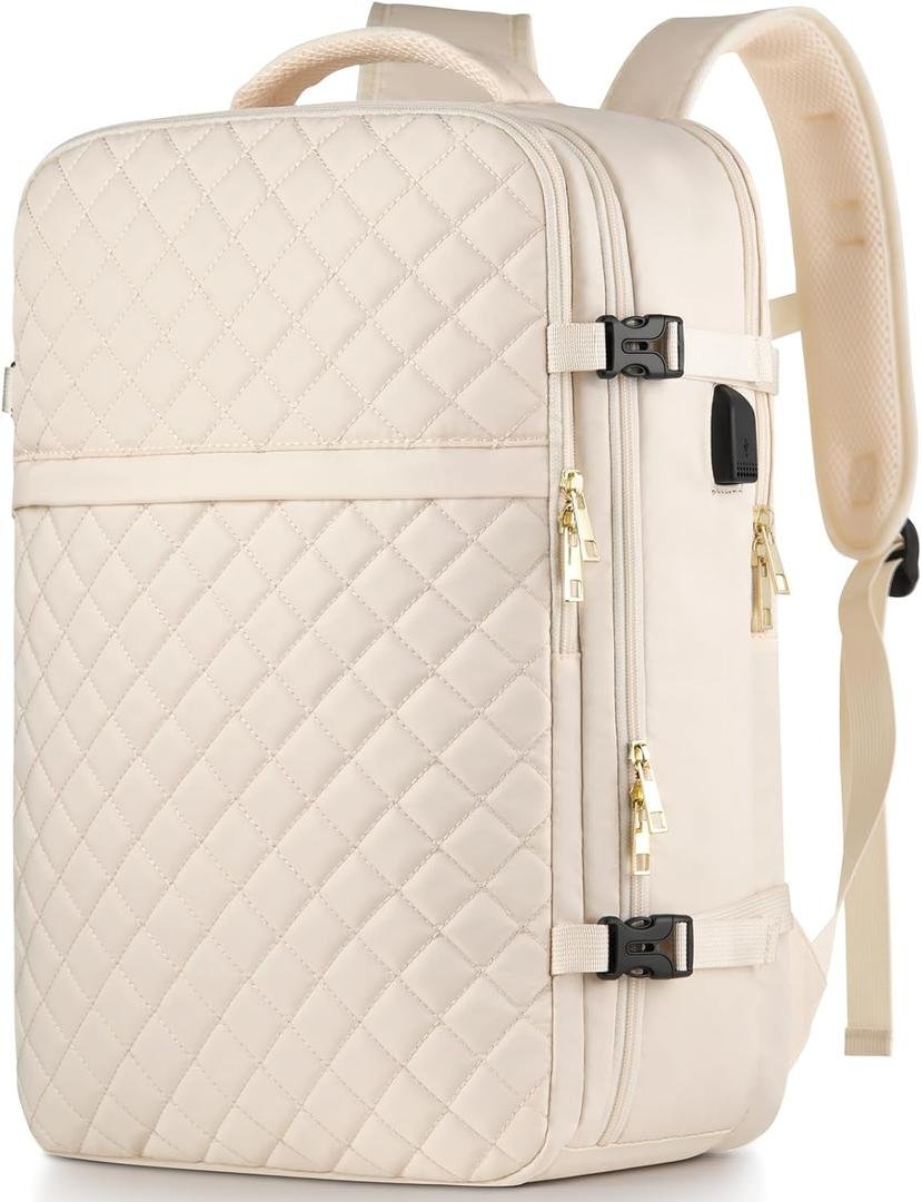 MOMUVO Large Travel Backpack Women, Flight Approved Carry On Backpack, Water Resistant Anti-Theft Large Casual Daypack Fit 17 Inch Laptop with USB Charging Port, Beige, 17.3 inch