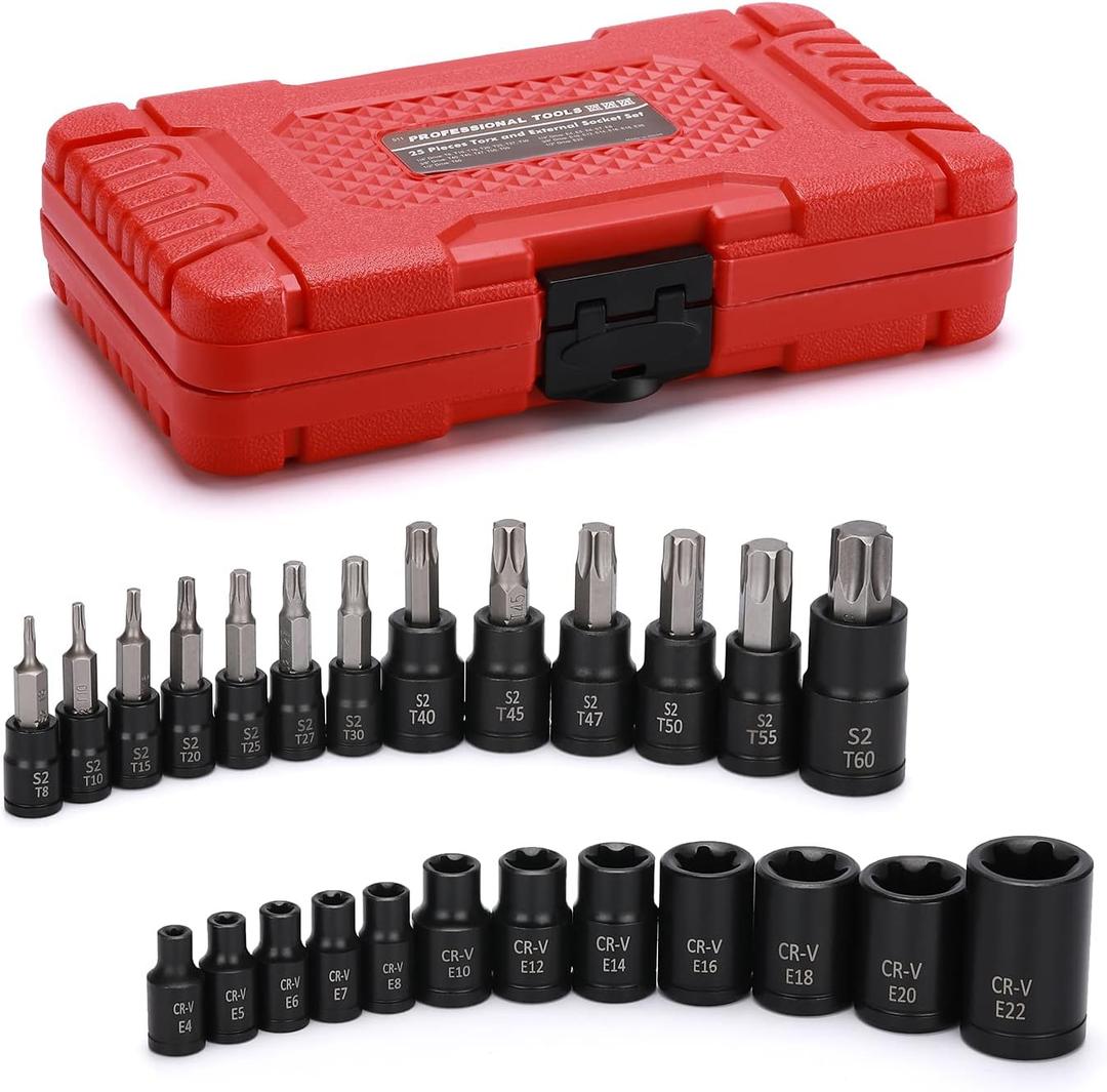 EMENTOL Torx Bit and E-Torx Socket Set, 25pcs, 1/4 & 3/8 & 1/2-inch Drive, Star Bits T8-T60, E Sockets E4-E22, CR-V & S2 Steel