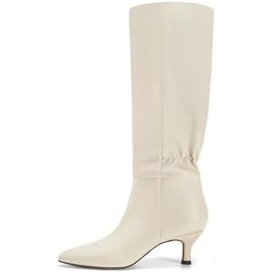 Coutgo Womens Kitten Heel Knee High Boots Pointed Toe Tall Boots Pull On Winter Dress Long Boot Shoes, Size 8, Beige