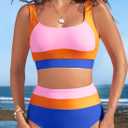 Herseas Women 2 Piece High Waisted Bikini Sets Colorblock Sporty Swimsuits Wide Straps Bathing Suit 2026 Summer Swimwear (XS)