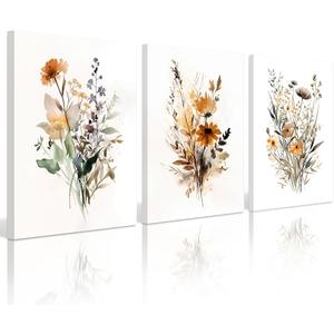 Botanical Wall Art Set of 3 Floral Wall Decor Prints Vintage Canvas Wall Art Wildflower Watercolor Pictures Farmhouse Artwork Floral Modern Painting for Bathroom Bedroom 16x24 Inch UnFramed