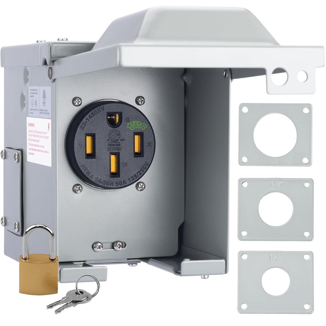 RVGUARD 50 Amp 125/250 Volt EV Power Outlet Box, Enclosed Lockable Weatherproof Outdoor Electrical NEMA 14-50R EV Receptacle Panel, ETL Listed