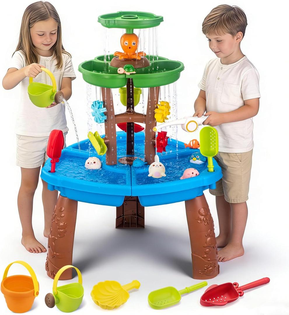 VROGTIK Water Table for Toddlers with Fishing Game Set 3-Tier Kids Sand Water Table Sensory Outdoor Toys for Kids Ages 4-8 Summer Beach Outside Toys Backyard for Kids Toddlers Age 3 4 5 6 7 8 9 10