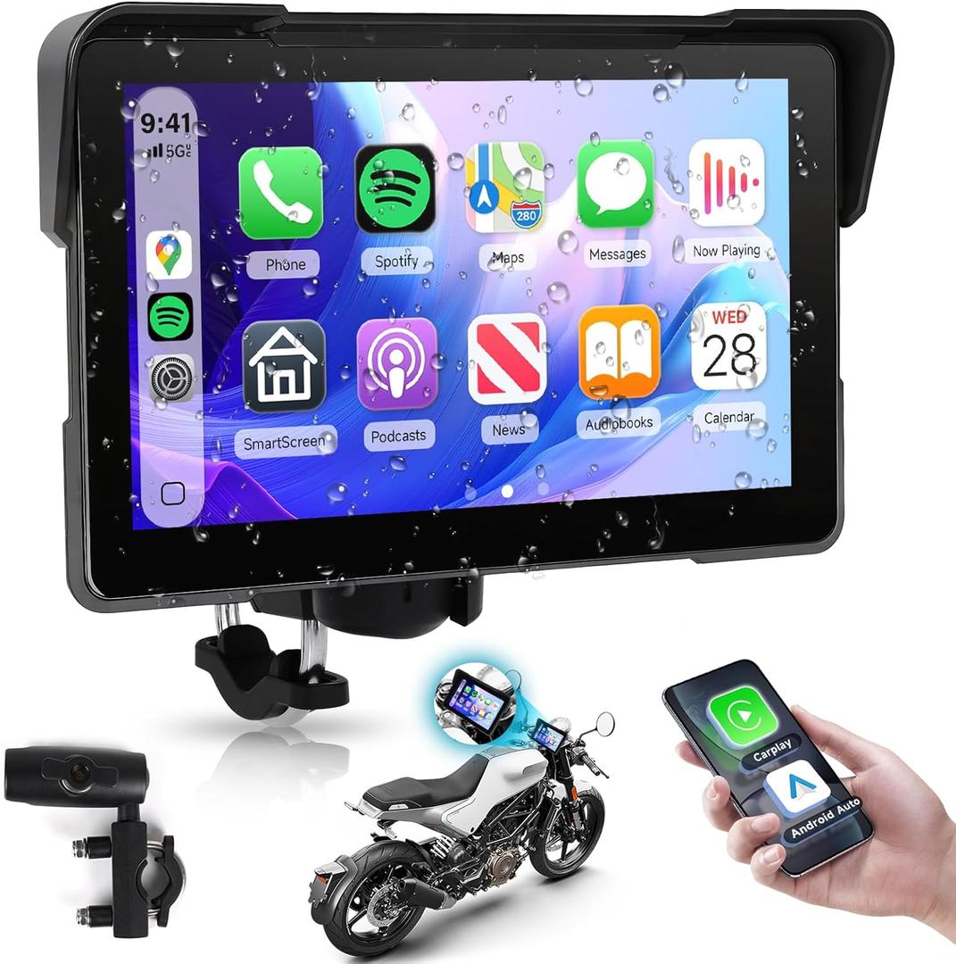 Rimoody 7 Inch Motorcycle Carplay Screen with Wireless Carplay Android Auto for Car, IP67 Waterproof Touchscreen, Bluetooth, GPS Navigation, EQ, Mirror Link, Voice Control