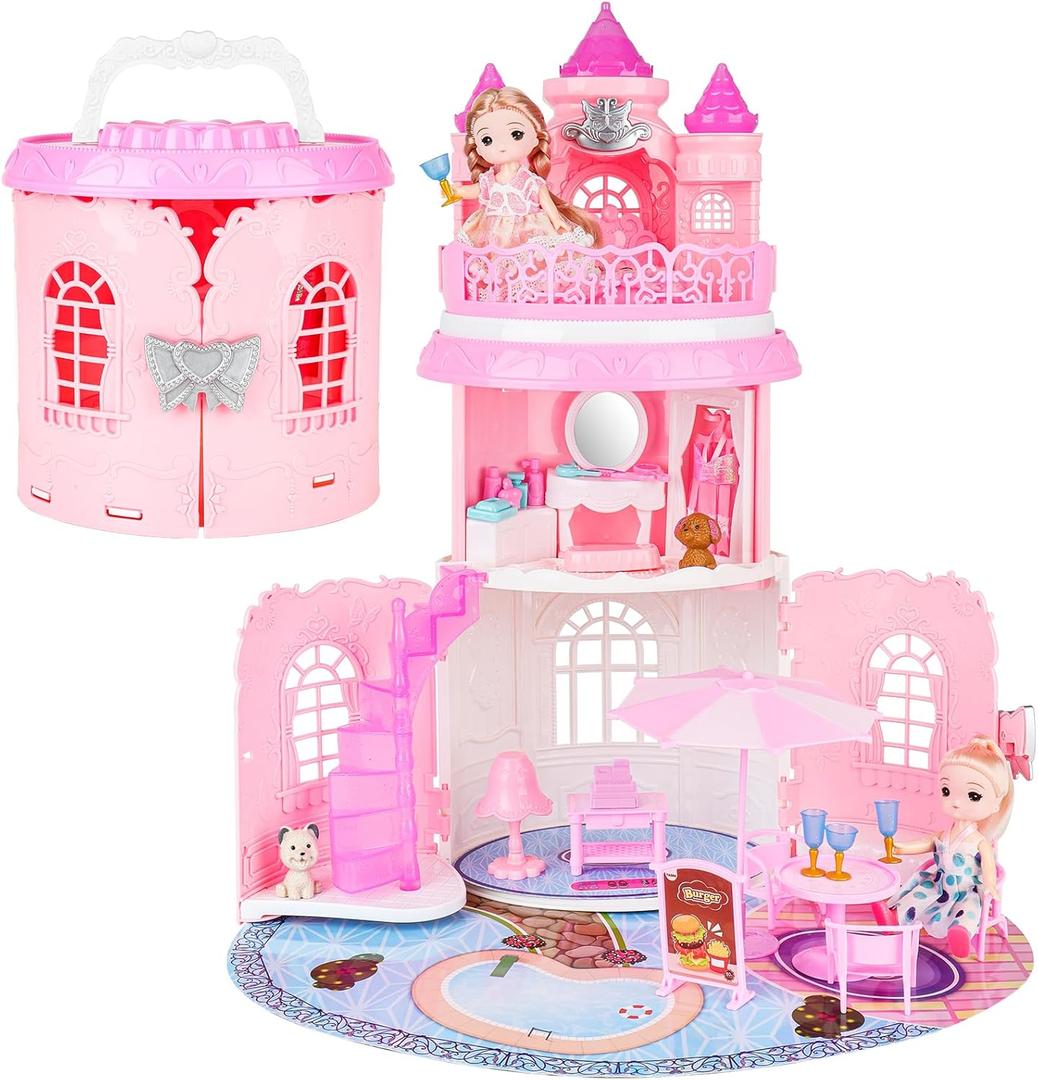 deAO Doll House for Girls Portable Playset Dollhouse Castle Kids Pretend Play with 2 Doll Toy Figures,Living Room,Bedroom,Balcony & Accessories for 3 to 7 Year Olds Kids (Pink)