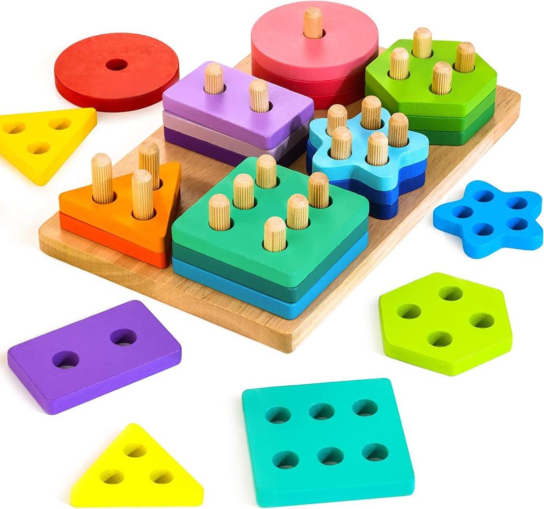 Wooden Sorting & Stacking Toys, Montessori Toys for 1 2 3 Years Old Toddlers, Shape Sorter Puzzles with 24-Piece Large Geometric Blocks & 12 Word Cards, Gift for 12+ Months Baby Boys Girls (Rainbow)